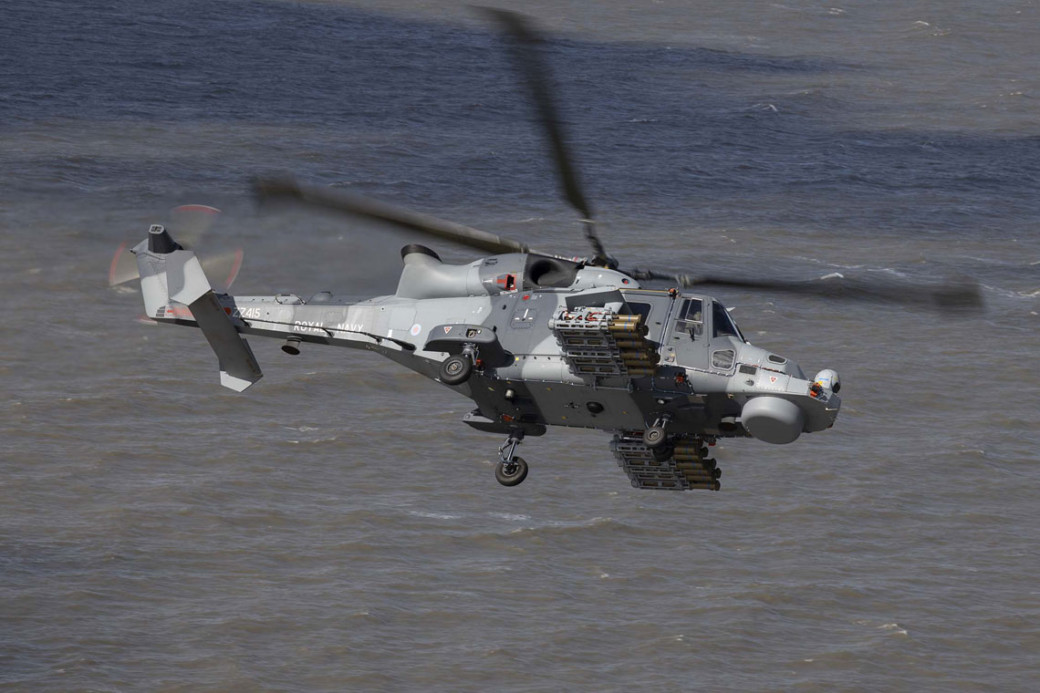 Royal Navy Wildcat helicopter fires the new Martlet missile