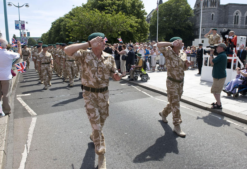 Royal Marines marching through the city of Plymouth