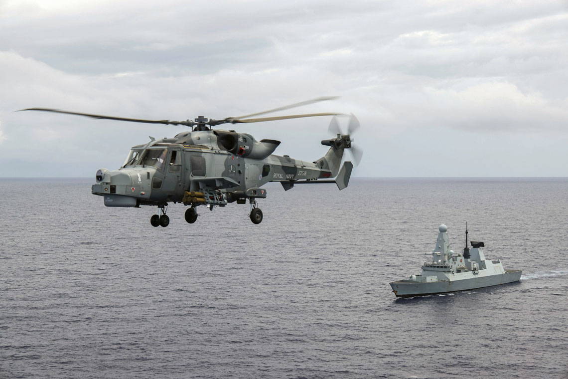 Wildcat helicopter and HMS Defender