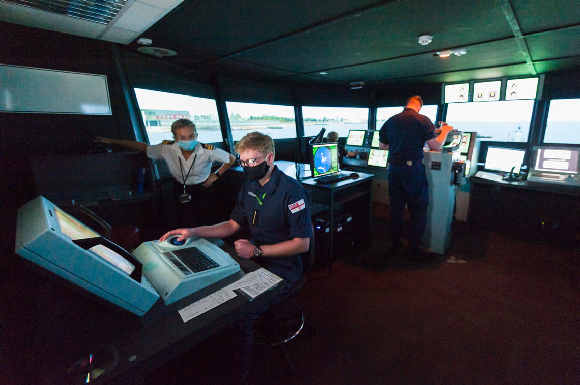 Merchant Navy cadets on the Bridge Simulator at HMS Collingwood