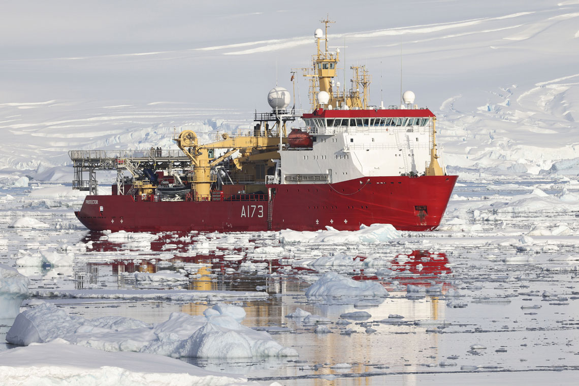 HMS Protector carefully navigates the Antarctic ice floes