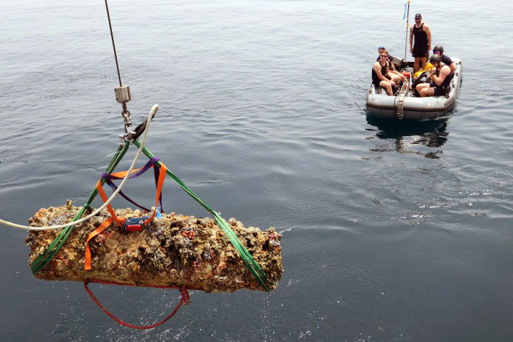 HMS Bangor recovers a dummy mine
