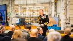 Second Sea Lord Admiral Connell addresses guests at HMS Active's steel cut