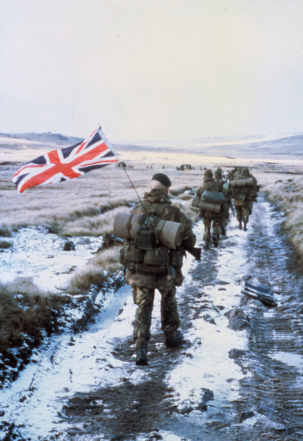 Corporal Peter Robinson heading towards Port Stanley with a Union Flag flying from his radio aerial